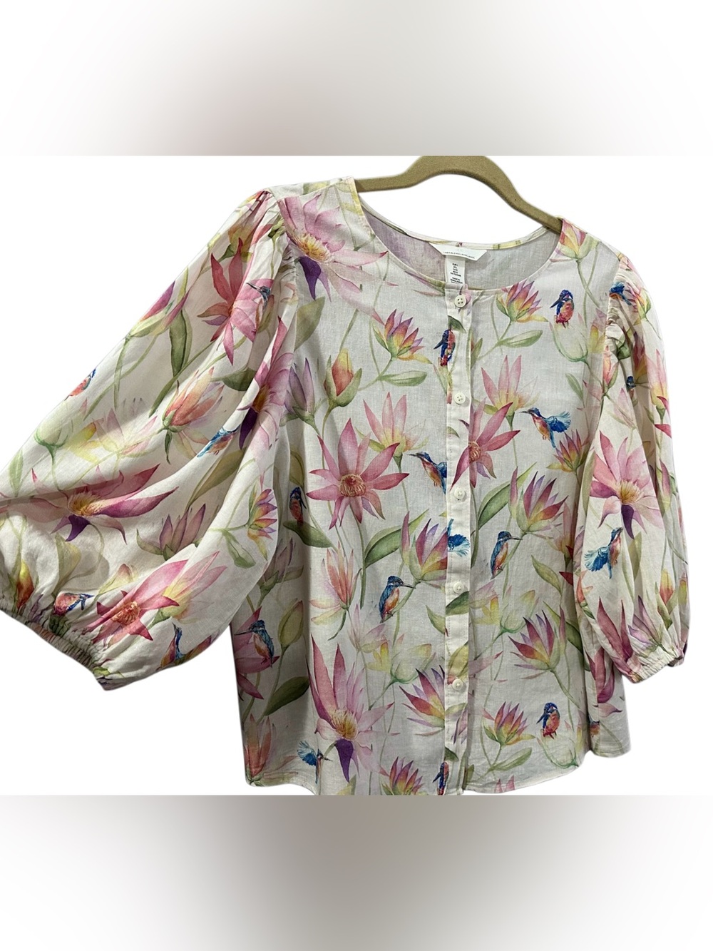 H&M Watercolor Floral Hummingbird Linen Blend Puff Sleeve Peasant Top L